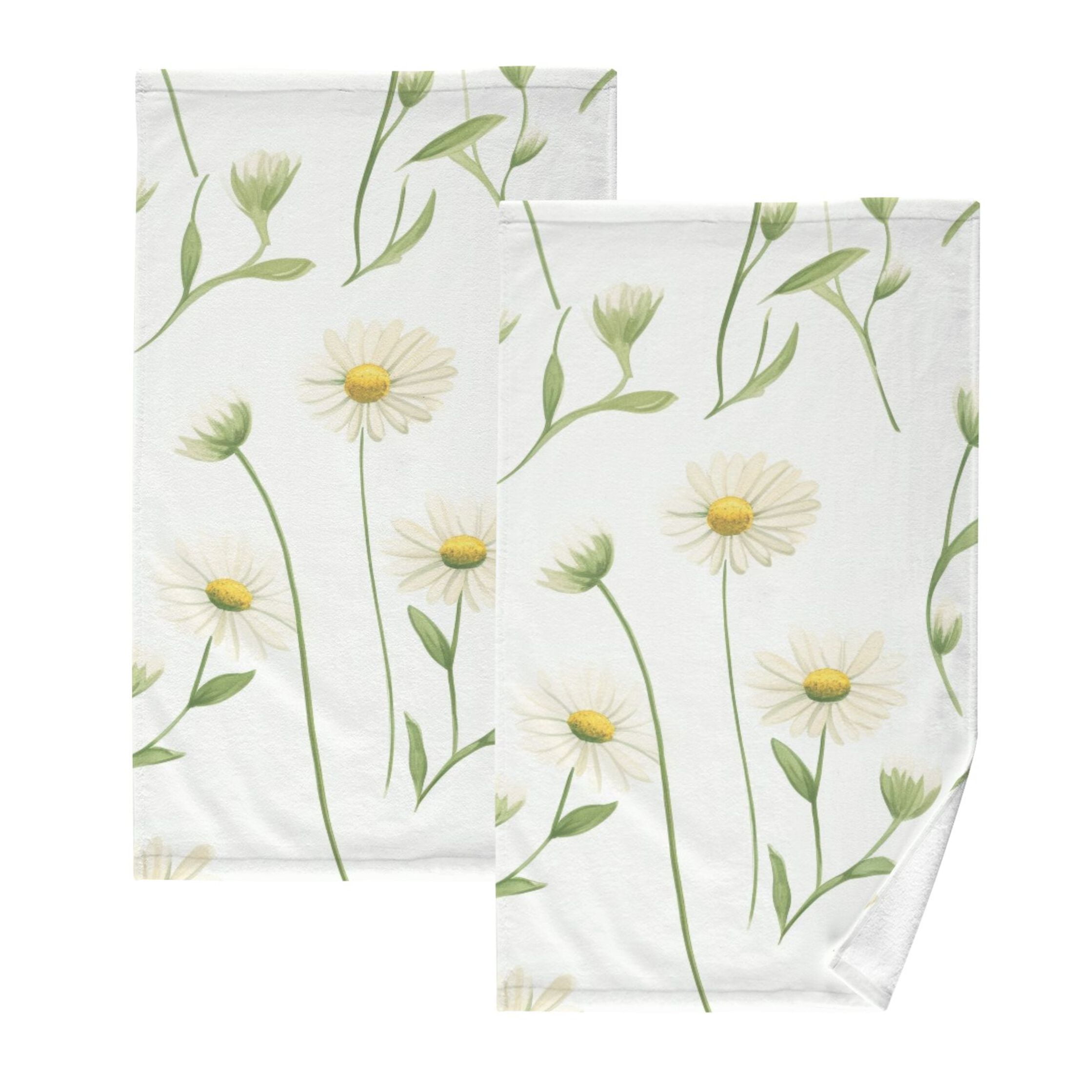 2 Pcs Hand Towel Set Cute Daisies and Leaves Cotton Absorbent Soft Face
