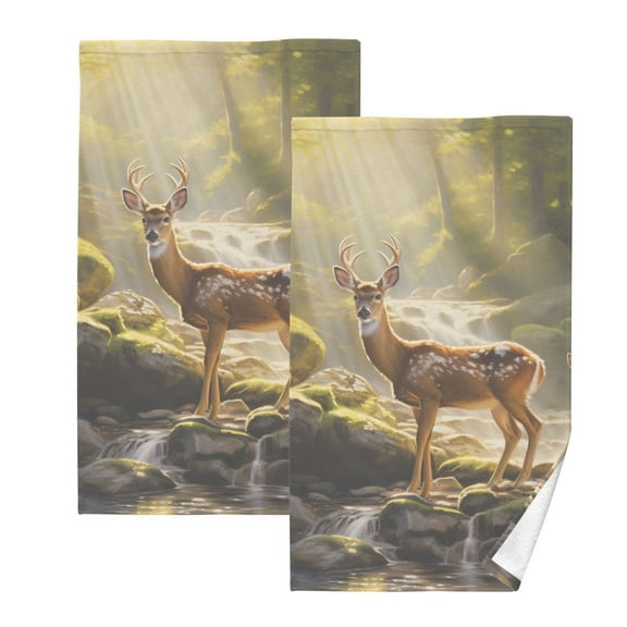 2 Pcs Hand Towel Set Deer in Forest Cotton Absorbent Soft Face Towels Bath Towels for Bathroom Kitchen Shower Hotel Decor 16"x28"