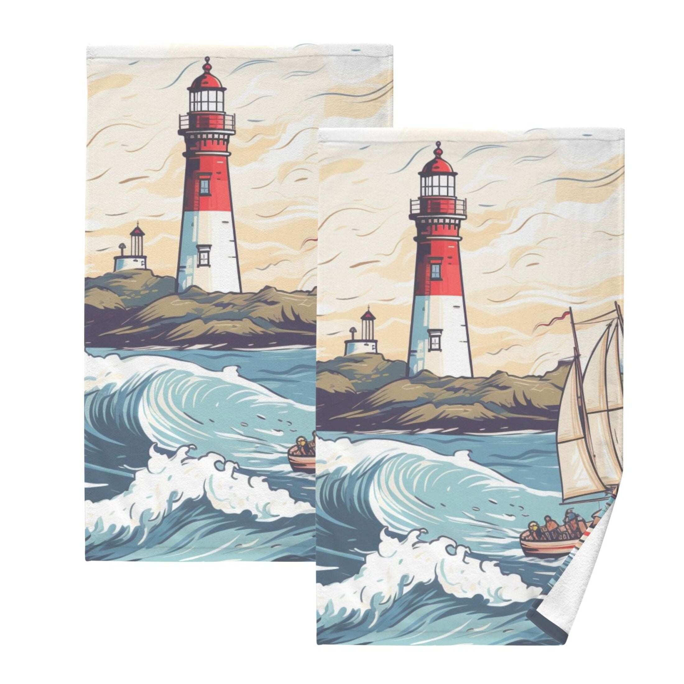 2 Pcs Hand Towel Set Lighthouse Ship Sea Cotton Absorbent Soft Face Towels Bath Towels for Bathroom Kitchen Shower Hotel Decor 16"x28"