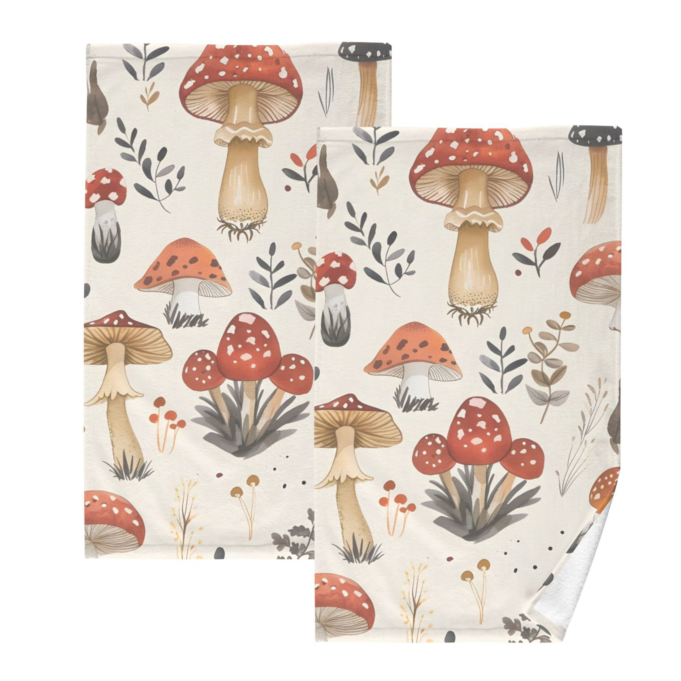 2 Pcs Hand Towel Set Mushroom Fallen Leaves Cotton Absorbent Soft Face Towels 400 GMS Bath Towels for Bathroom Kitchen Shower Hotel Decor 16"x28"