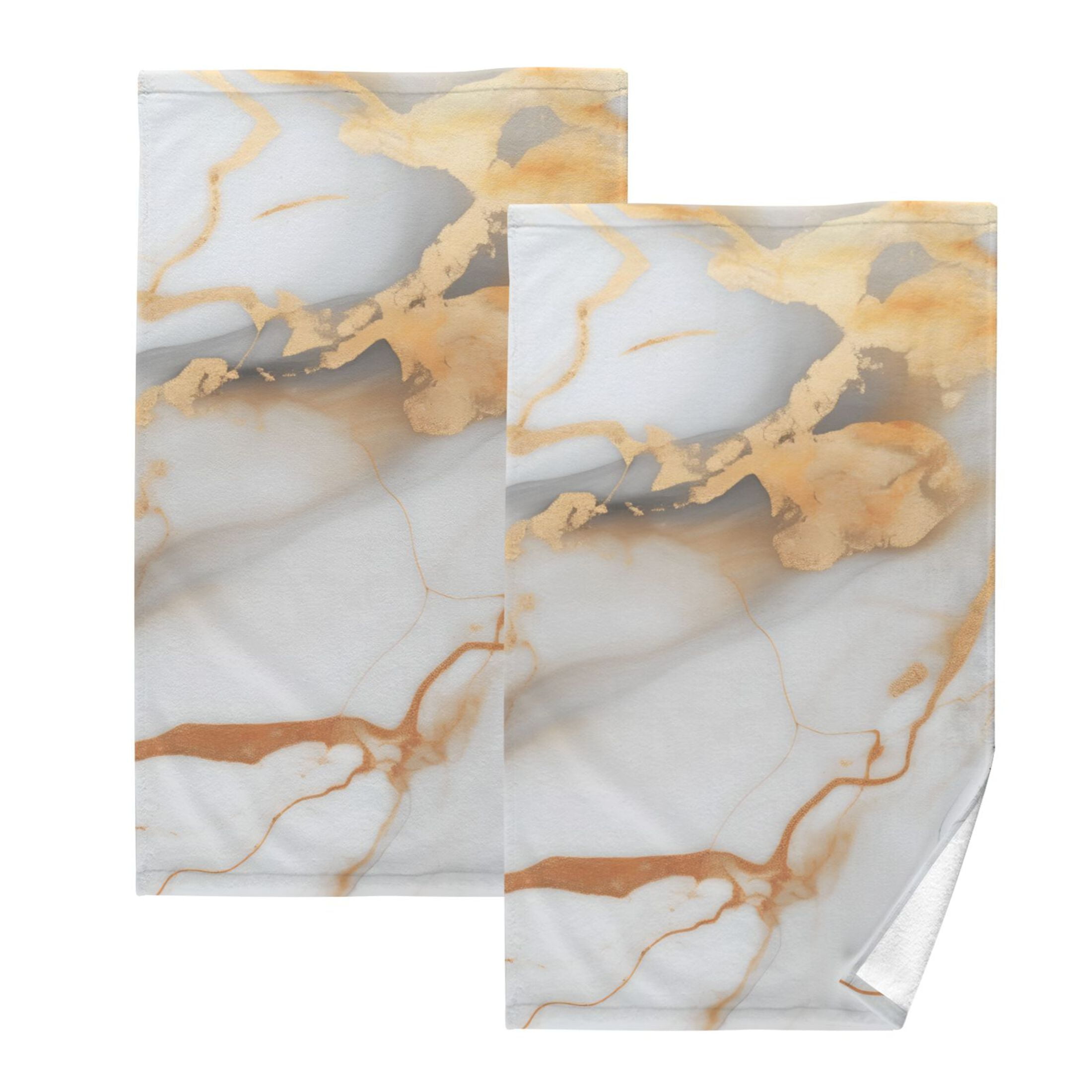2 Pcs Hand Towel Set White Gold Brown Marble Cotton Absorbent Soft Face Towels Bath Towels for Bathroom Kitchen Shower Hotel Decor 16"x28"