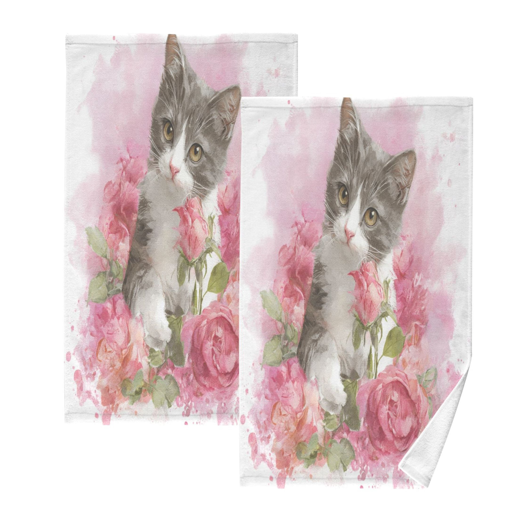 2 Pcs Hand Towels Sets A Gray-white Cat Cotton Towel Set Absorbent Face Towel for Bathroom Kitchen Shower Hotel Decor