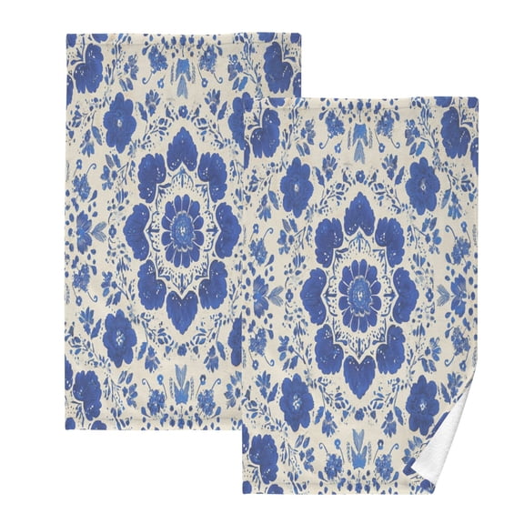 2 Pcs Hand Towels Sets Blue and White Batik Pattern Cotton Towel Set Absorbent Face Towel for Bathroom Kitchen Shower Hotel Decor