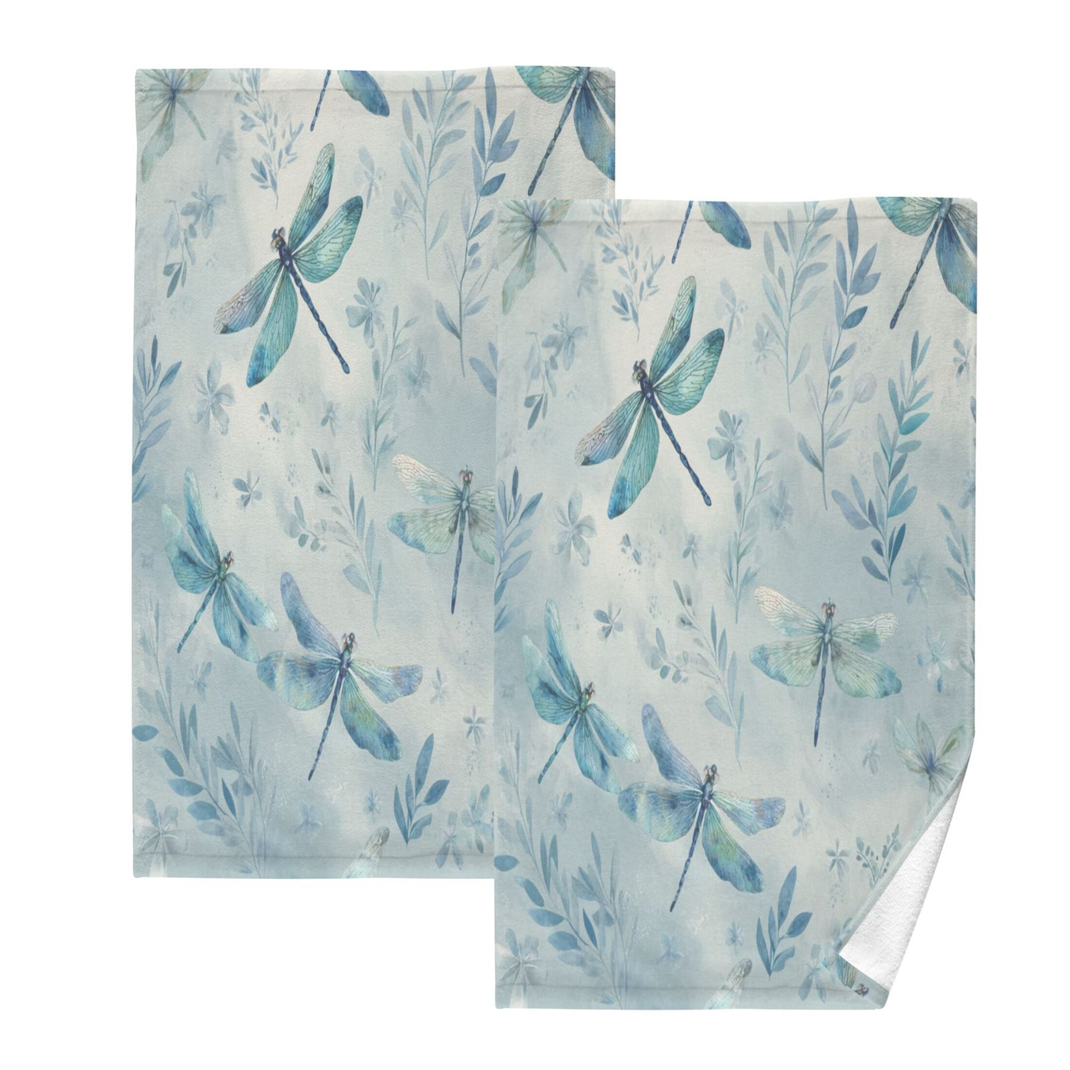 2 Pcs Hand Towels Sets Delicate Dragonflies Pattern Cotton Towel Set Absorbent Face Towel for Bathroom Kitchen Shower Hotel Decor