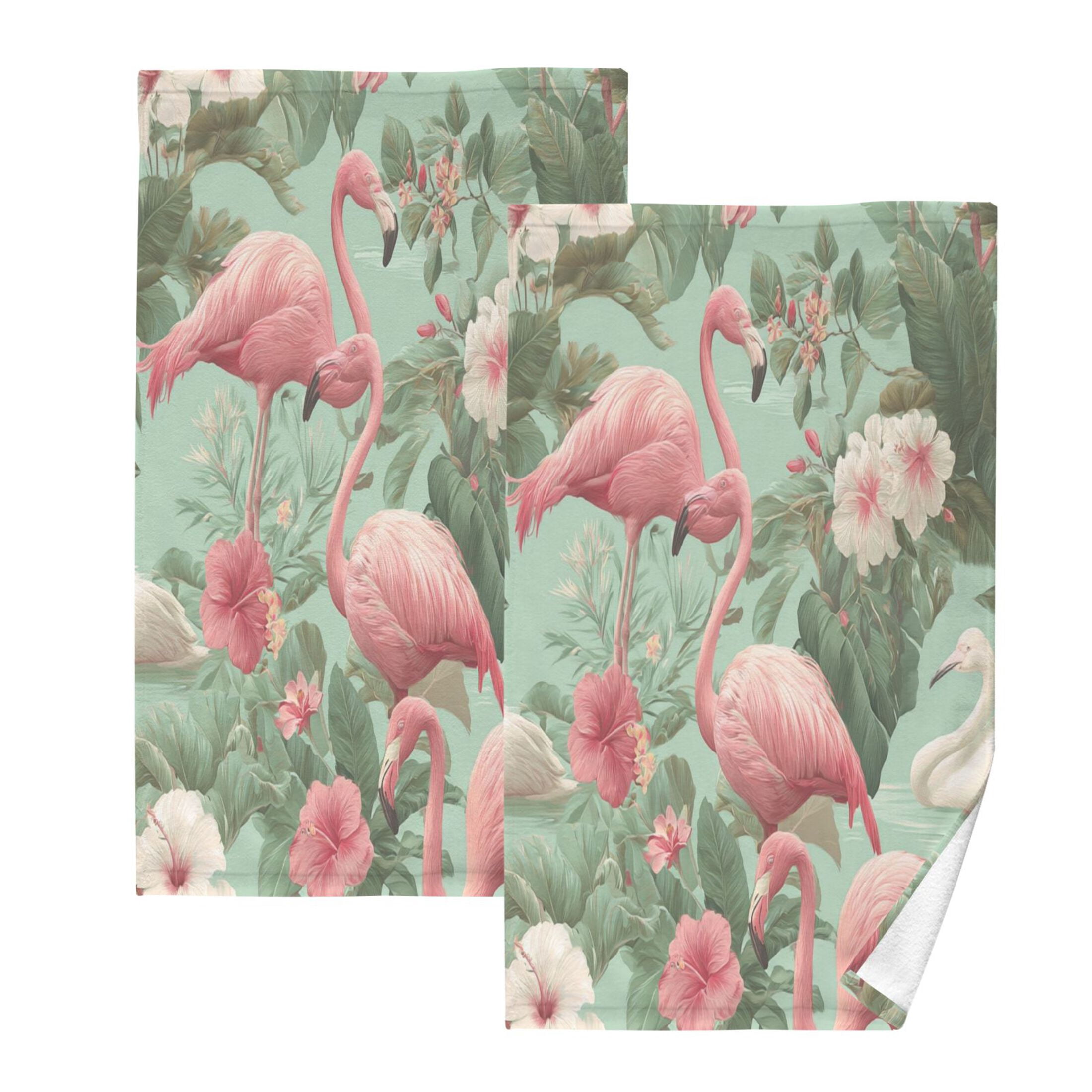 2 Pcs Hand Towels Sets Flamingo Tropical Leaves Pattern Cotton Towel Set Absorbent Face Towel for Bathroom Kitchen Shower Hotel Decor