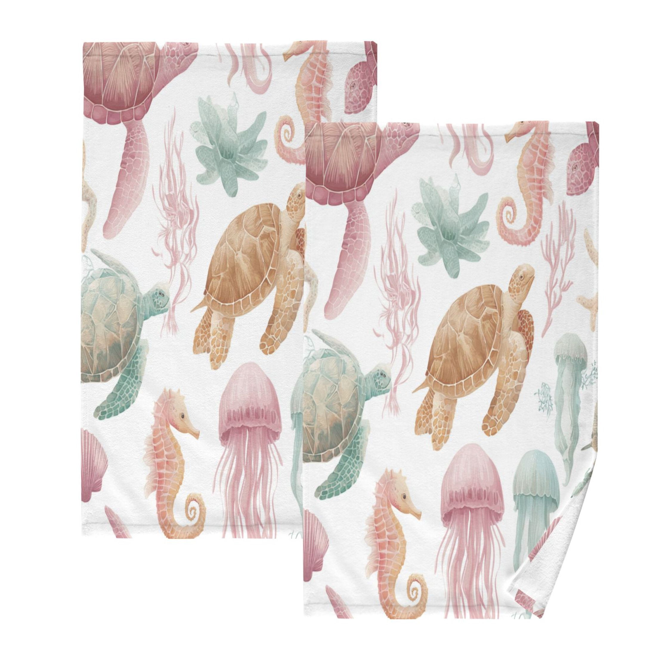 2 Pcs Hand Towels Sets Happy Turtles and Jellyfish Pattern Cotton Towel ...