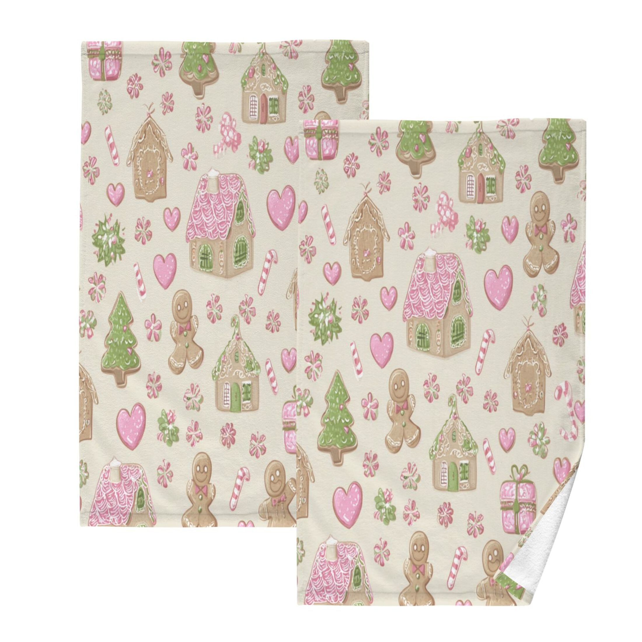 2 Pcs Hand Towels Sets Pink Cute Christmas Pattern Cotton Towel Set Absorbent Face Towel for Bathroom Kitchen Shower Hotel Decor