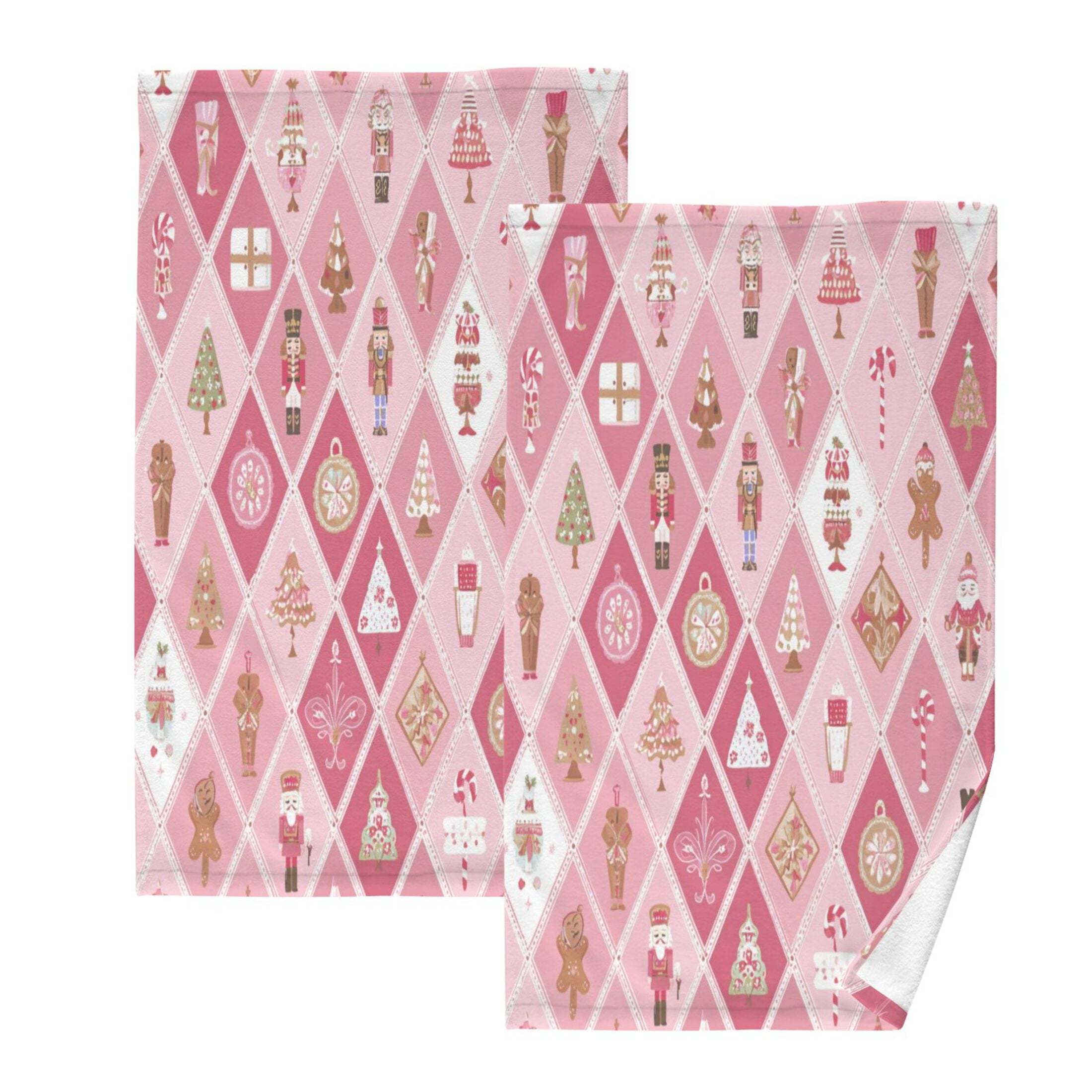 2 Pcs Hand Towels Sets Pink and White Christmas Motifs Cotton Towel Set Absorbent Face Towel for Bathroom Kitchen Shower Hotel Decor
