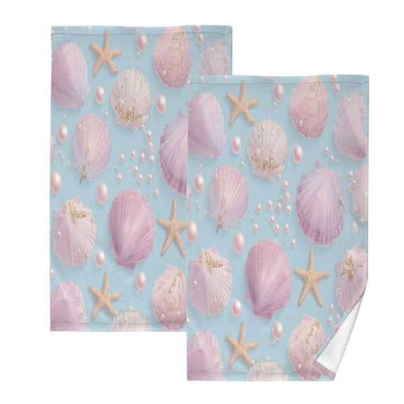 2 Pcs Hand Towels Sets Seashells and Pearls Pattern Cotton Towel Set Absorbent Face Towel for Bathroom Kitchen Shower Hotel Decor