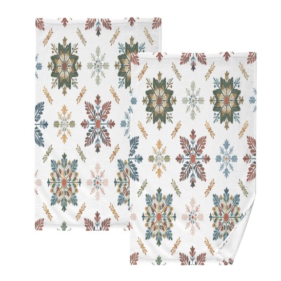 2 Pcs Hand Towels Sets Traditional Snowflakes Motifs Cotton Towel Set Absorbent Face Towel for Bathroom Kitchen Shower Hotel Decor
