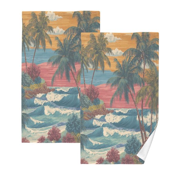 2 Pcs Hand Towels Sets Tropical Beach Pattern Cotton Towel Set Absorbent Face Towel for Bathroom Kitchen Shower Hotel Decor
