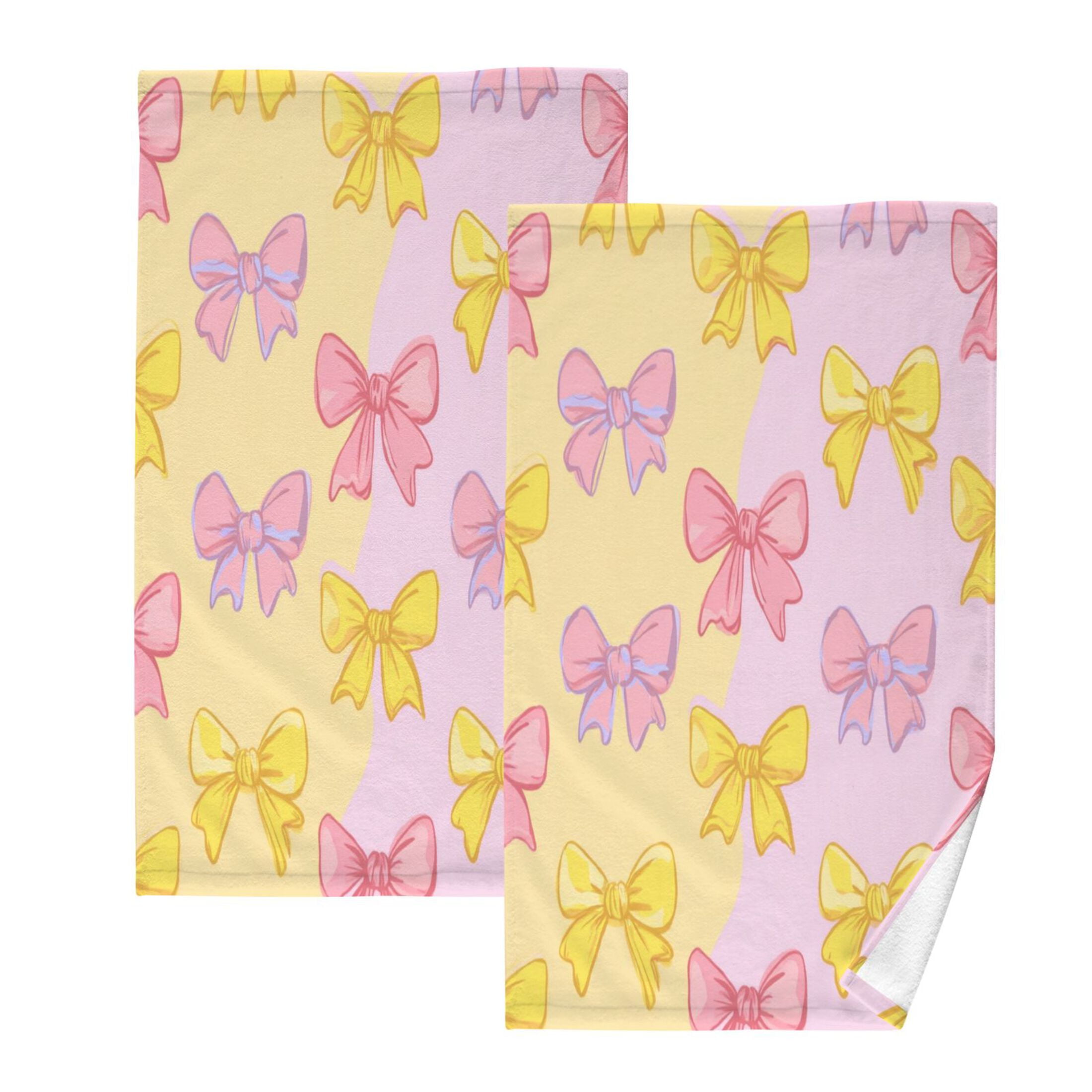 2 Pcs Hand Towels Sets Yellow and Pink Bows Cotton Towel Set Absorbent Face Towel for Bathroom Kitchen Shower Hotel Decor
