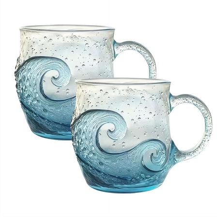 2 Pcs Handcrafted Sea Wave Glass Mug, 12 oz with Unique Textured Design, Perfect for Coffee & Tea, Handcrafted Glassware for Ocean & Beach Lovers