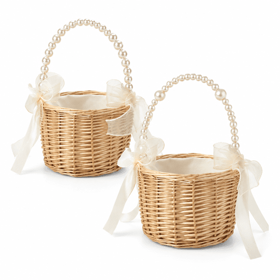 2 Pcs Handmade Wicker Wedding Basket Set, Pearl Handle Bow Flower Basket for Candy Gifts, Rustic Home Garden Storage Basket for Easter Events and Parties