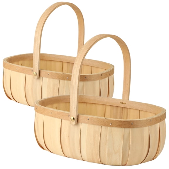 2 Pcs Handwoven Baskets, Sturdy Wooden Fruit Baskets with Comfortable Handles, Decorative & Storage Baskets, Rustic Bushel Baskets for Eggs, Vegetables, Picnic, Beige