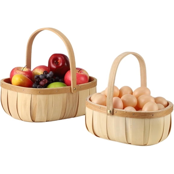 2 Pcs Handwoven Baskets, Sturdy Wooden Fruit Baskets with Comfortable Handles, Decorative & Storage Baskets, Rustic Bushel Baskets for Eggs, Vegetables, Picnic, Beige