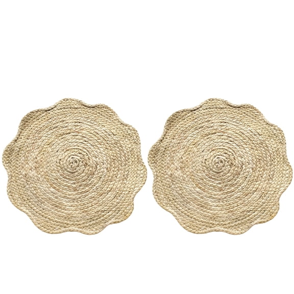 2 Pcs Handwoven Placemats, 15 in / 38 cm Scalloped Straw Placemats, Natural Corn Husk Braided Table Mats, Rustic Heat Resistant Pad for Dining Table, Kitchen, and Home Decor