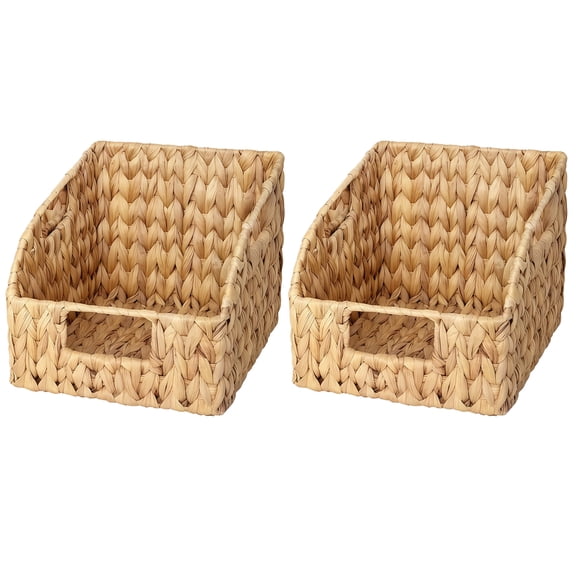 2 Pcs of Handwoven Storage Baskets for Organizing, Natural Grass Wicker Baskets with Handles, Great for Pantry, Kitchen, Bedroom Shelves, Decorative & Practical Storage Bins