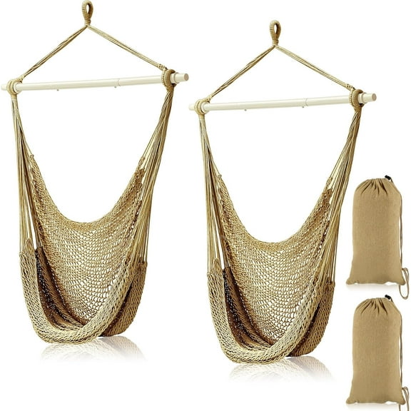 2 Pcs Hanging Hammock Chair - Brown, Boho Swing with 40 Inch Detachable Metal Bars - Cotton Rope Weaving for Indoor/Outdoor Spaces