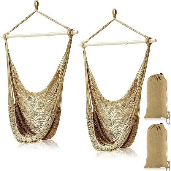 2 Pcs Hanging Hammock Chair Boho Swing Chair Outdoor Indoor Comfy Soft Cotton Rope Weaving with 40 Inch Detachable Metal Bars for Backyard Living Room Garden, 270lb Capacity(Beige)