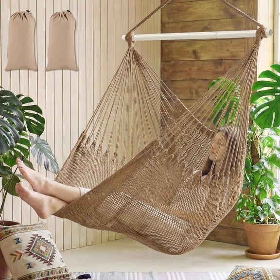 2 Pcs Hanging Hammock Chair Boho Swing Chair Outdoor Indoor Comfy Soft Cotton Rope Weaving with 40 Inch Detachable Metal Bars for Backyard Living Room Garden, 270lb Capacity(Brown)