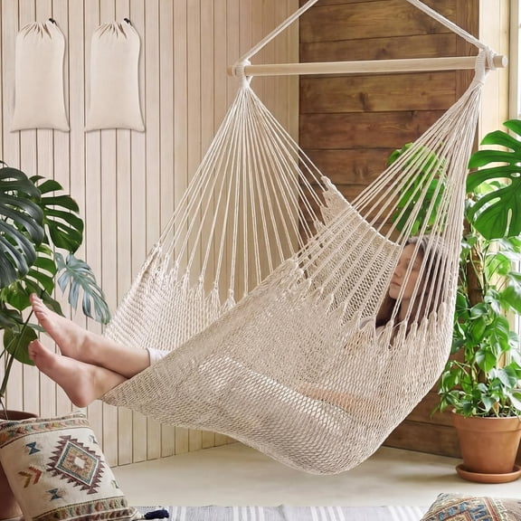 2 Pcs Hanging Hammock Chair Boho Swing Chair Outdoor Indoor Comfy Soft Cotton Rope Weaving with 40 Inch Detachable Metal Bars for Backyard Living Room Garden, 270lb Capacity(Dark Brown)