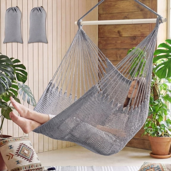 2 Pcs Hanging Hammock Chair Boho Swing Chair Outdoor Indoor Comfy Soft Cotton Rope Weaving with 40 Inch Detachable Metal Bars for Backyard Living Room Garden, 270lb Capacity(Light Gray)