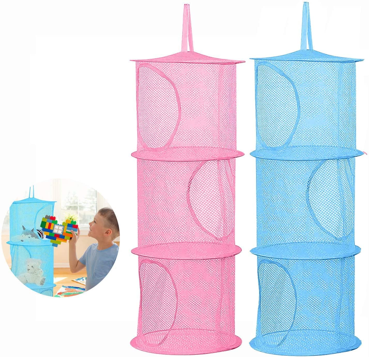 Coastal Rose 2pcs Hanging Mesh Stuffed Animal Storage Hammock Net, Foldable Toy Storage Organizer 3 Compartments Net for Stuffed Animals Corn