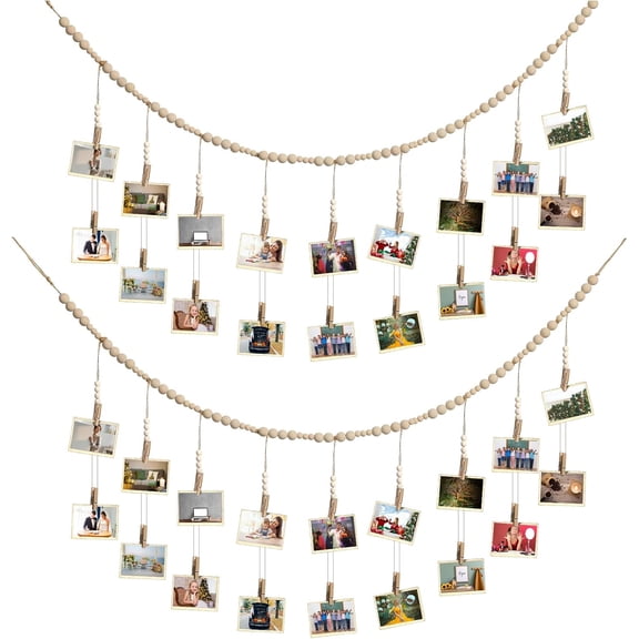 2 Pcs Hanging Photo Display with 36 Wood Clips DIY Boho Collage Picture Frame Wooden Beads Garland Hanging Picture Holder 3.61 ft Rustic Photo Wall Decor for Dorm Bedroom Nursery