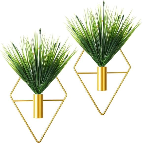 2 Pcs Hanging Planters with Artificial Plants Metal Hanging Vase Indoor Plants Holder Modern Geometric Wall Decor for Home Living Room Office(Gold,Aquatic Plant)