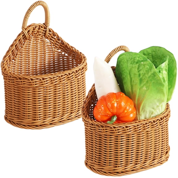 2 Pcs Hanging Storage Baskets, Kitchen Wall Basket with Faux Rattan Woven Pattern, 7.48 x 7.09 x 4.33 in Decorative Wall Baskets for Kitchen, Pantry, Bathroom