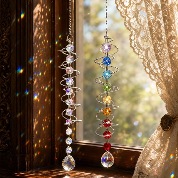 2 Pcs Crystal Suncatcher Outdoor Hanging Decor, 20.5 in Spiral Rainbow Maker with Gazing Ball for Garden and Window