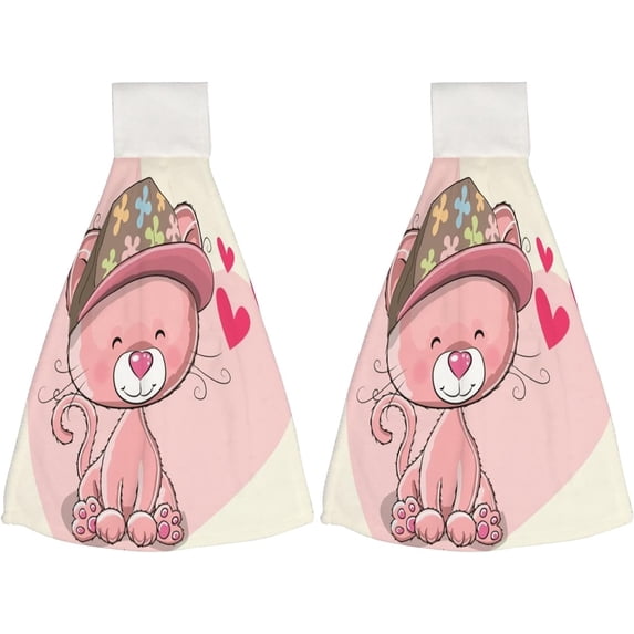2 Pcs Hanging Towels, Dish Towels Cute Pink Kitten Set On A Heart Absorbent Hand Towels with Hanging Loop Washcloth for Bathroom Kitchen