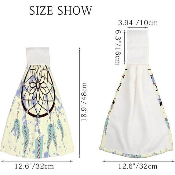 2 Pcs Hanging Towels, Dish Towels Watercolor Feathers and Beads Absorbent Hand Towels with Hanging Loop Washcloth for Bathroom Kitchen
