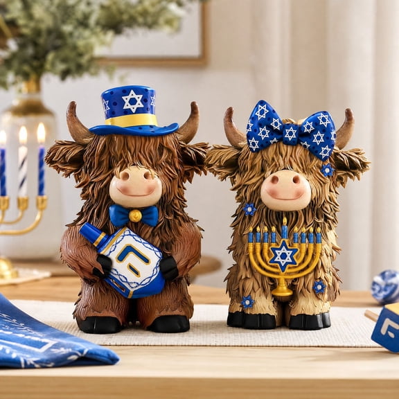 2 Pcs Hanukkah Highland Cow Figurines,Resin Statue Desk Decor Sitting Cow Statues and Blue Hats,Gifts for Tiered Tray Kitchen Office Table Shelf Decor