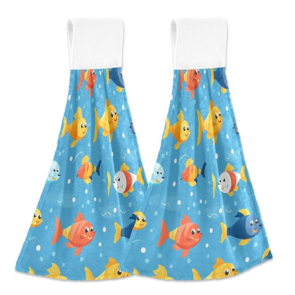2 Pcs Happy Fish on Sea Kitchen Hand Towels with Hanging Loops Absorbent Soft Fast Drying Decor Bath Towels