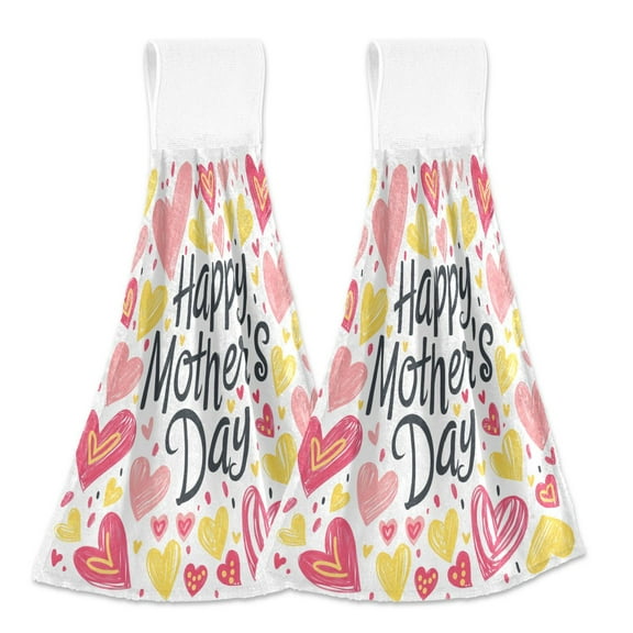 2 Pcs Happy Mother's Day Heart Kitchen Hand Towels with Hanging Loops Absorbent Soft Fast Drying Decor Bath Towels