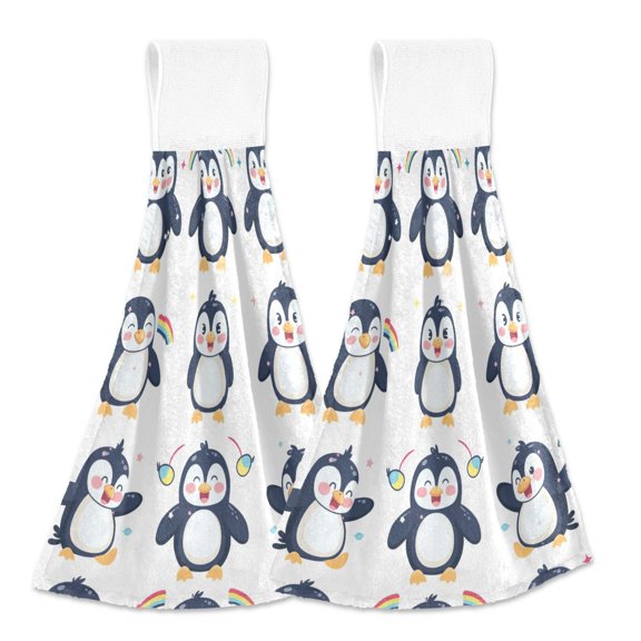 2 Pcs Happy Penguins Kitchen Hand Towels with Hanging Loops Absorbent Soft Fast Drying Decor Bath Towels