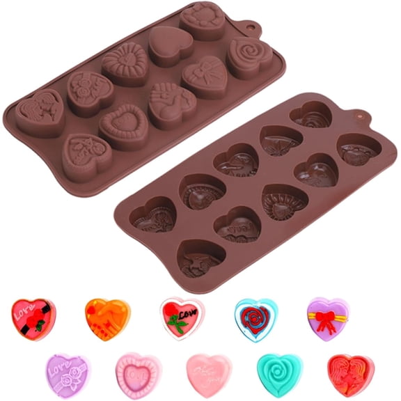 2 Pcs Heart Chocolate Molds, 10-Cavity Love Rose Shape Molds, Non-Stick Baking Molds for DIY Handmade Soap Candles Jello Candy Gummy Ice Cubes