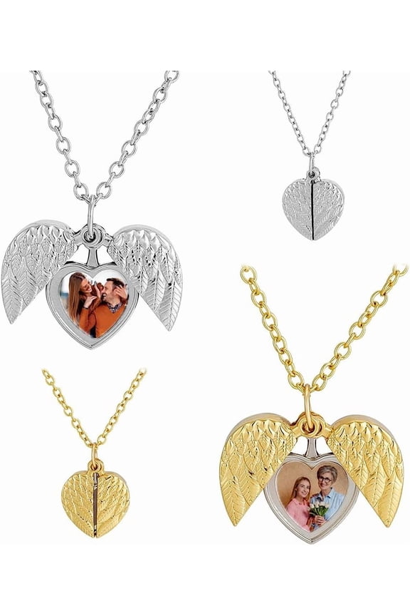 2 Pcs Heart Photo Angel Wings Locket Necklace 2 Colors Mental Angel Wing Lockets Necklace Heart Locket Pendant DIY for Women Mom Girlfriend Jewelry Christmas Anniversary Birthday Gifts