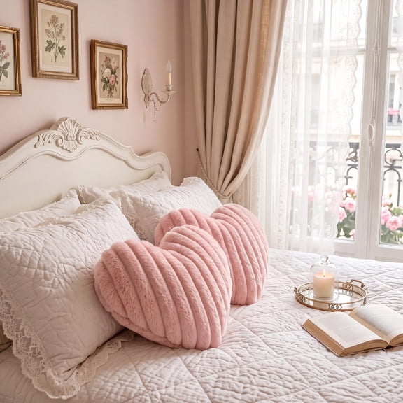 2 Pcs Heart Pillow Plush Pink Fluffy Heart Shaped Throw Pillow for Bedroom