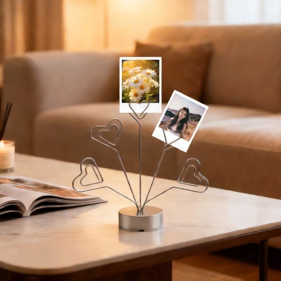 2 Pcs Heart-Shaped Photo Tree Holder, Desktop Card Display Stand with 5-Branch Photo Clips, Romantic Photo Holder, Silver Base Memo Note Clip