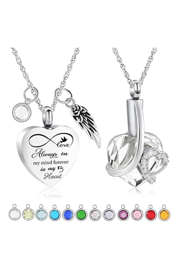 2 Pcs Heart Urn Necklace for Ashes - Birthstone Memorial Cremation Jewelry for Ashes Women Men Urn Locket for Human Pet