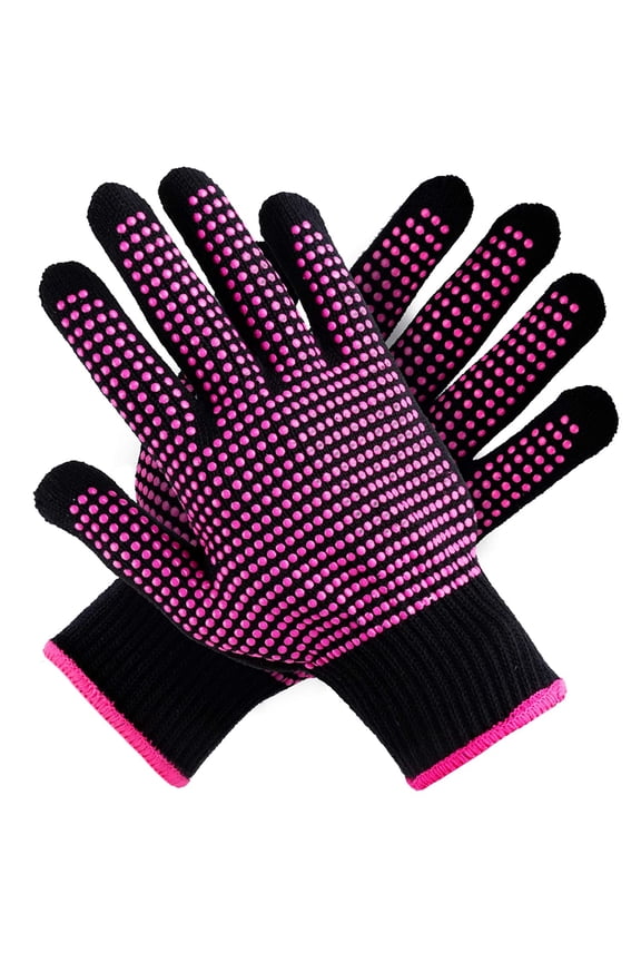 2 Pcs Heat Resistant Gloves with Silicone Bumps, (New Upgraded ) Professional Heat Proof Glove Mitts for Hair Styling Curling Iron Wand Flat Iron Hot-Air Brushes, Universal Fit Size