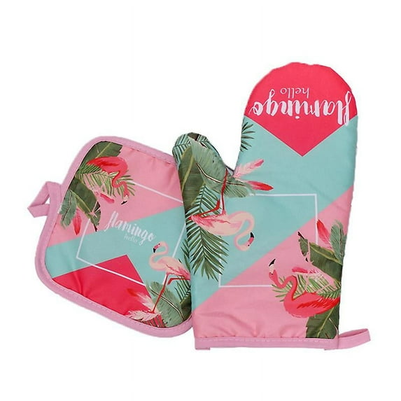 2 Pcs Heat Resistant Oven Mitts And Mat Thicken Anti-scald Glove And Pad Flamingo Printed Baking Protective Glove Mat For Home Kitchen Cooking Baking