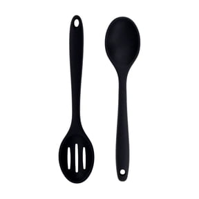 2 Pcs Heat Resistant Silicone Cooking Spoon Spatula, Large Kitchen Solid and Slotted Spoons Non-stick Dishwasher Safe Nonstick Kitchen Spoons Set for Mixing, Serving, Scraping, 7.95"x1.69",Black