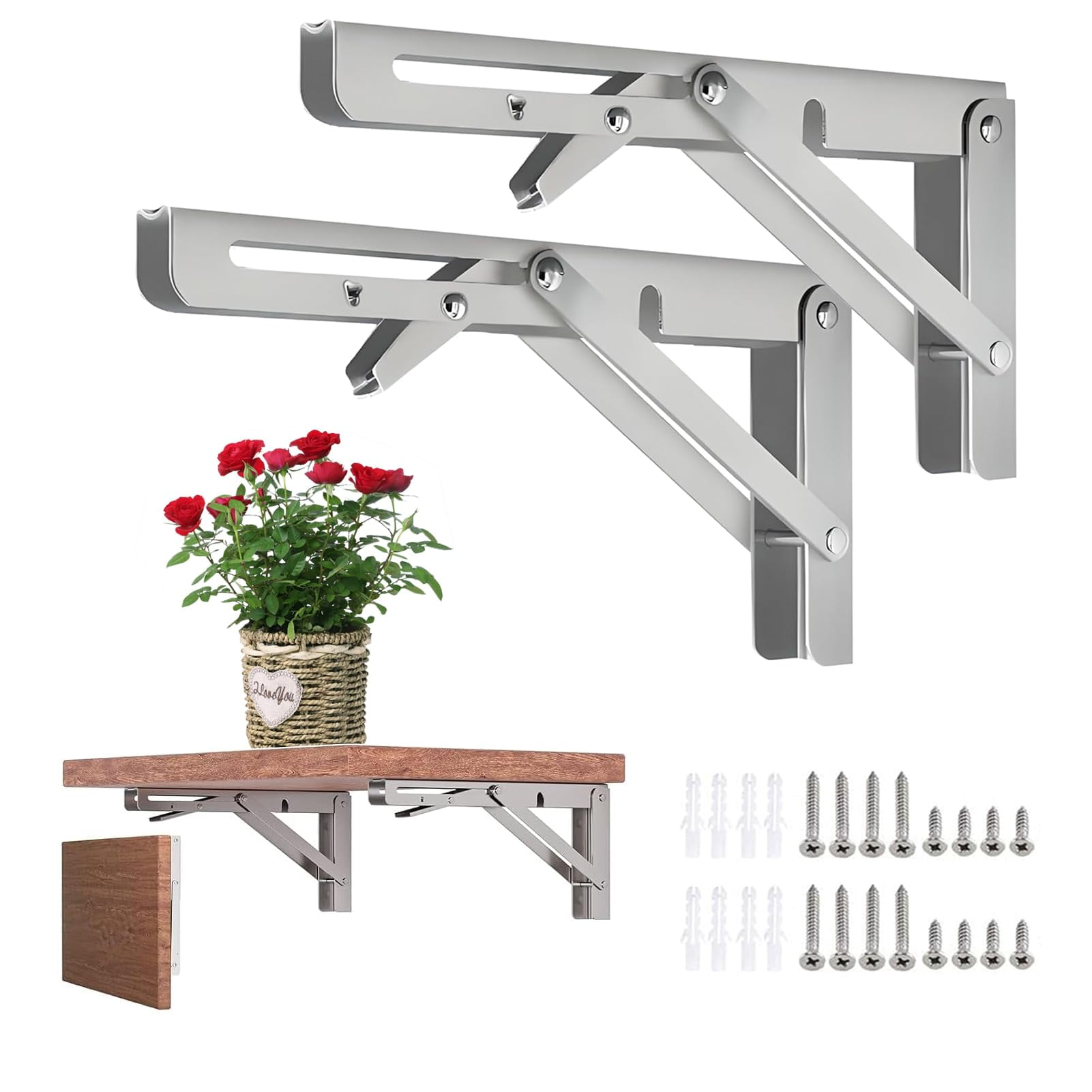 2 Pcs Heavy Duty 304 Stainless Steel Collapsible Triangle Shelf Bracket, Folding Shelf Brackets, DIY Wall Mounted Folding Table Hinge, Space Saving for Bench Table with Screws (Silver, 16 in)