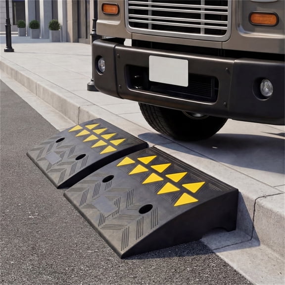 2 Pcs Heavy Duty Rubber Curb Ramp 15 Ton Load Capacity with Drain Channel & Reflective Strips for Driveway Garage
