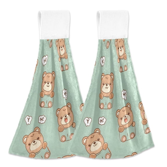 2 Pcs Hi Cute Teddy Bear Kitchen Hand Towels with Hanging Loops Absorbent Soft Fast Drying Decor Bath Towels