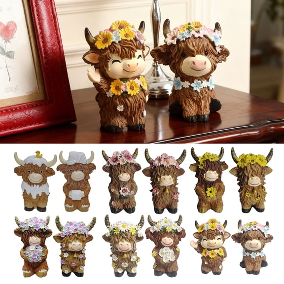 2 Pcs Highland Cow Figurine with Flowers Small Resin Highland Cow Statue Spring Farmhouse Scottish Cattle Sculpture for Home Garden Kitchen Tiered Tray Table Decor